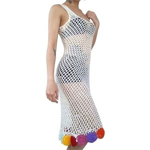 Vintage Cream Rainbow Crochet Boho Summer Dress Small